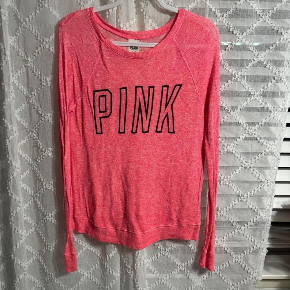 Victorias Secret PINK Long Sleeve Graphic Tee Neon Pink Marled Logo Shirtβ Small
